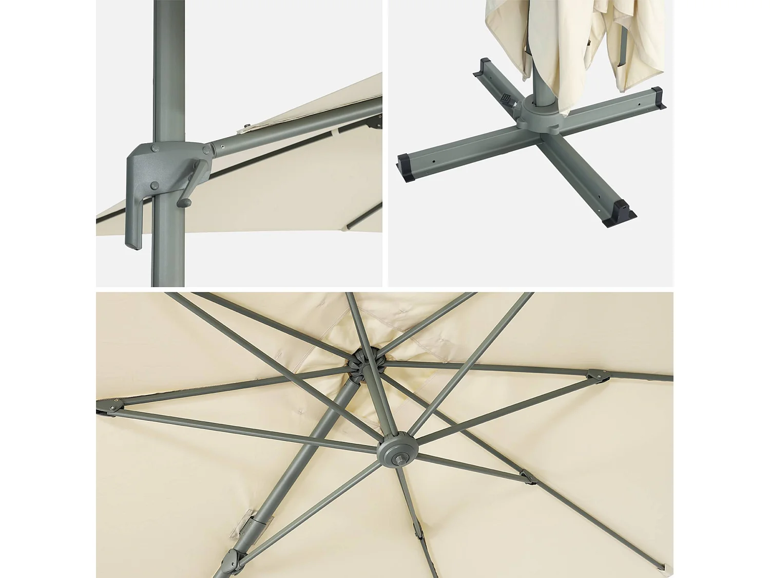 Parasol déporté rectangulaire 2x3m - Antibes - Ecru - Parasol excentré inclinable. rabattable et rotatif à 360°.