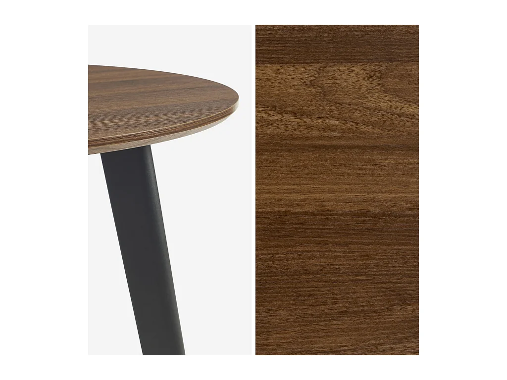 Table à manger ronde effet noyer pieds métal noir 4 places