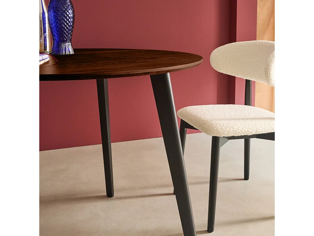 Table à manger ronde effet noyer pieds métal noir 4 places