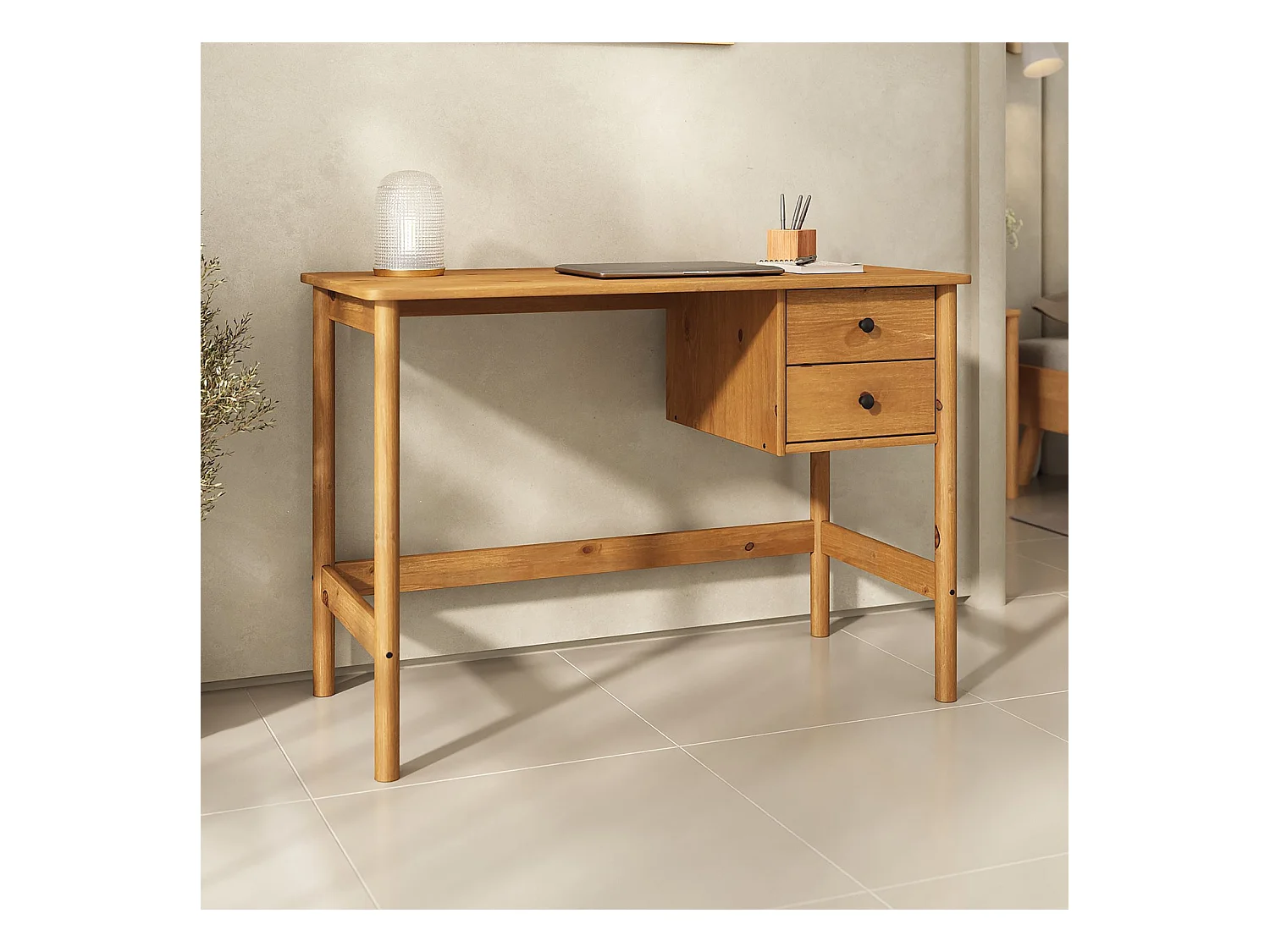 Bureau MARLO H 76 cm avec 2 Tiroirs en Bois Massif Coloris Chêne, Bureau Droit avec Rangement Intégré