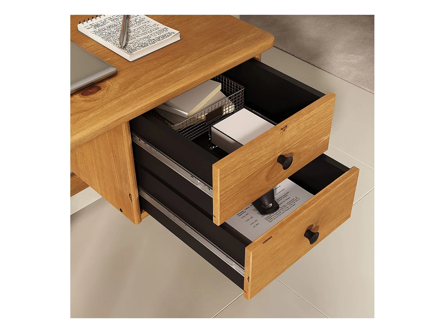 Bureau MARLO H 76 cm avec 2 Tiroirs en Bois Massif Coloris Chêne, Bureau Droit avec Rangement Intégré
