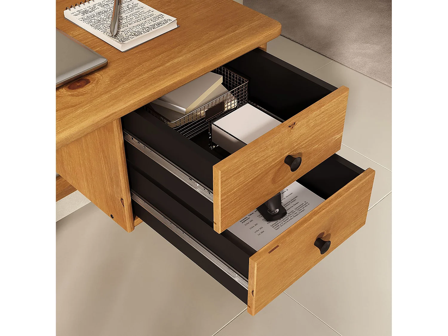 Bureau MARLO H 76 cm avec 2 Tiroirs en Bois Massif Coloris Chêne, Bureau Droit avec Rangement Intégré