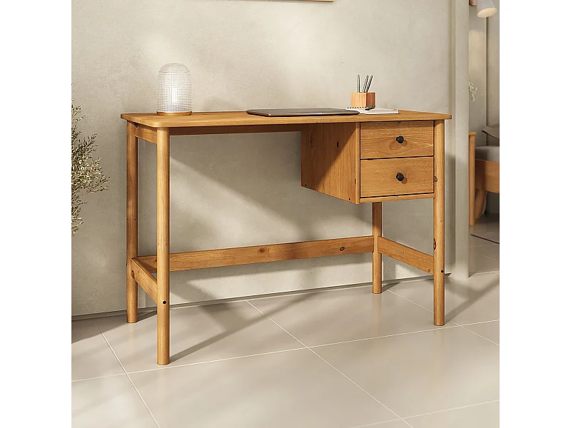 Bureau MARLO H 76 cm avec 2 Tiroirs en Bois Massif Coloris Chêne, Bureau Droit avec Rangement Intégré