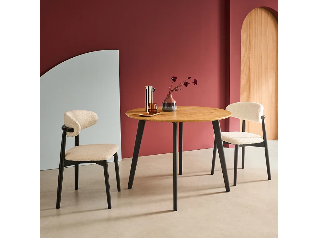 Mesa de comedor redonda efecto madera con patas de metal negro, 4