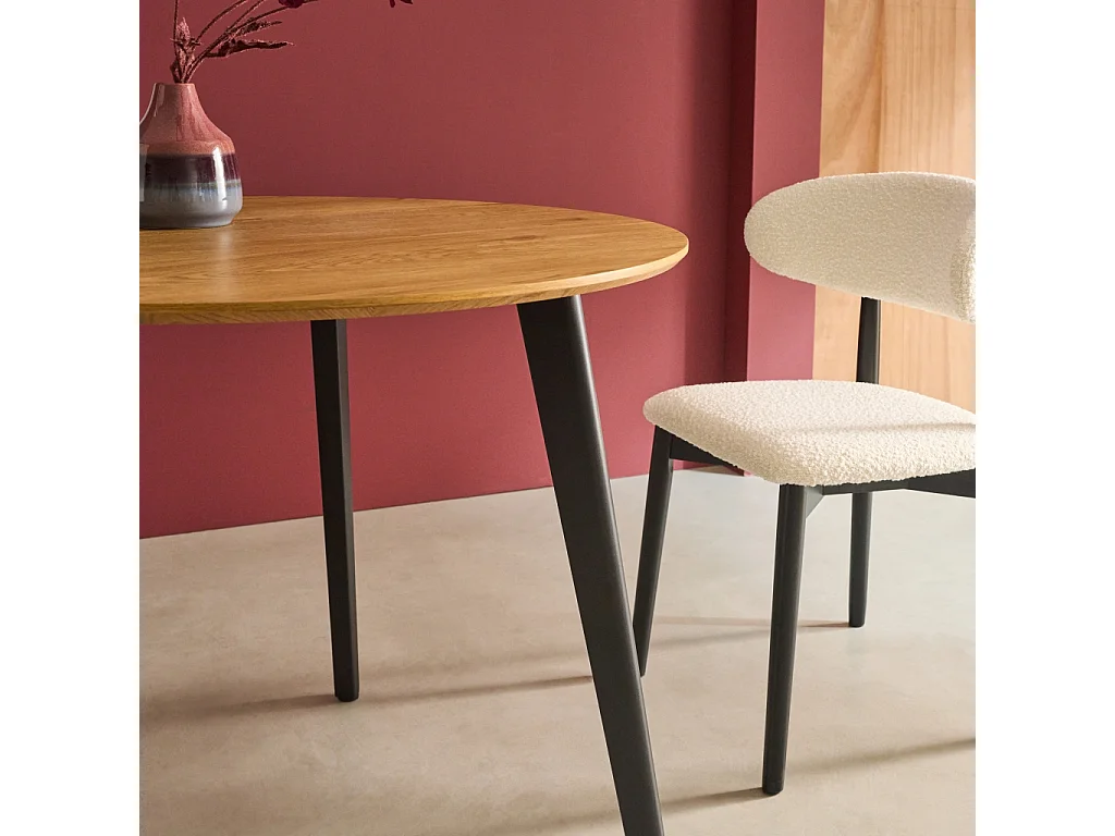 Mesa de comedor redonda efecto madera con patas de metal negro, 4