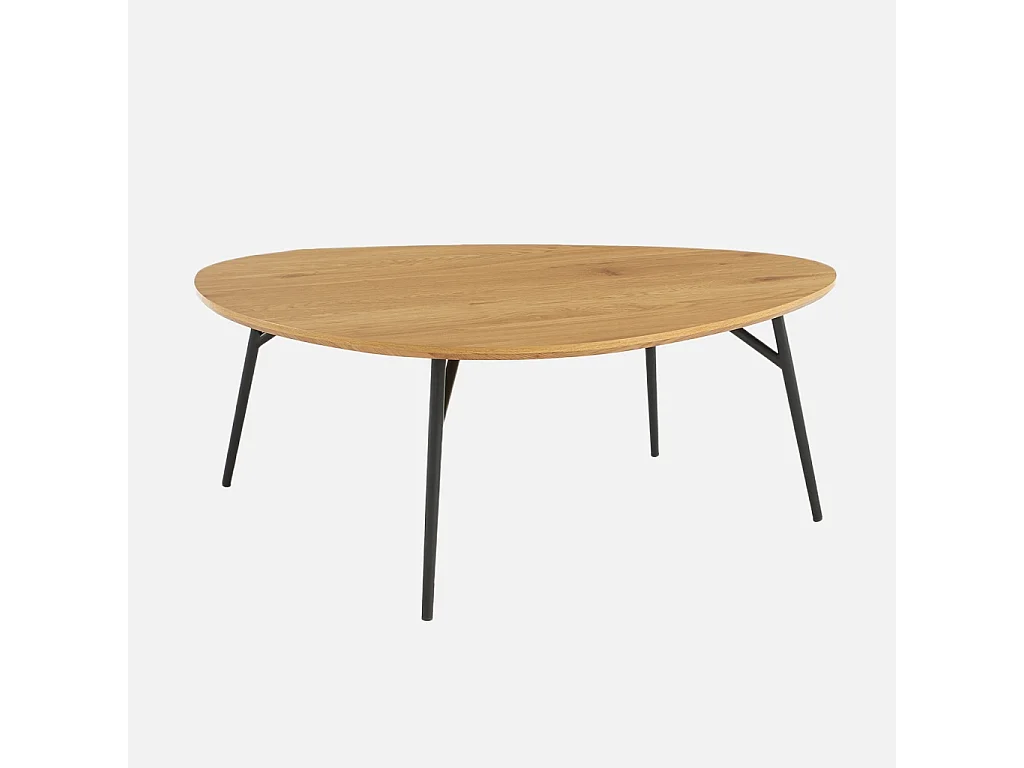 Table basse triangulaire pieds métal noirs et effet chêne