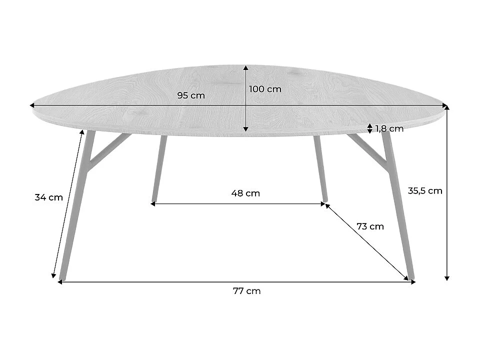 Table basse triangulaire pieds métal noirs et effet chêne