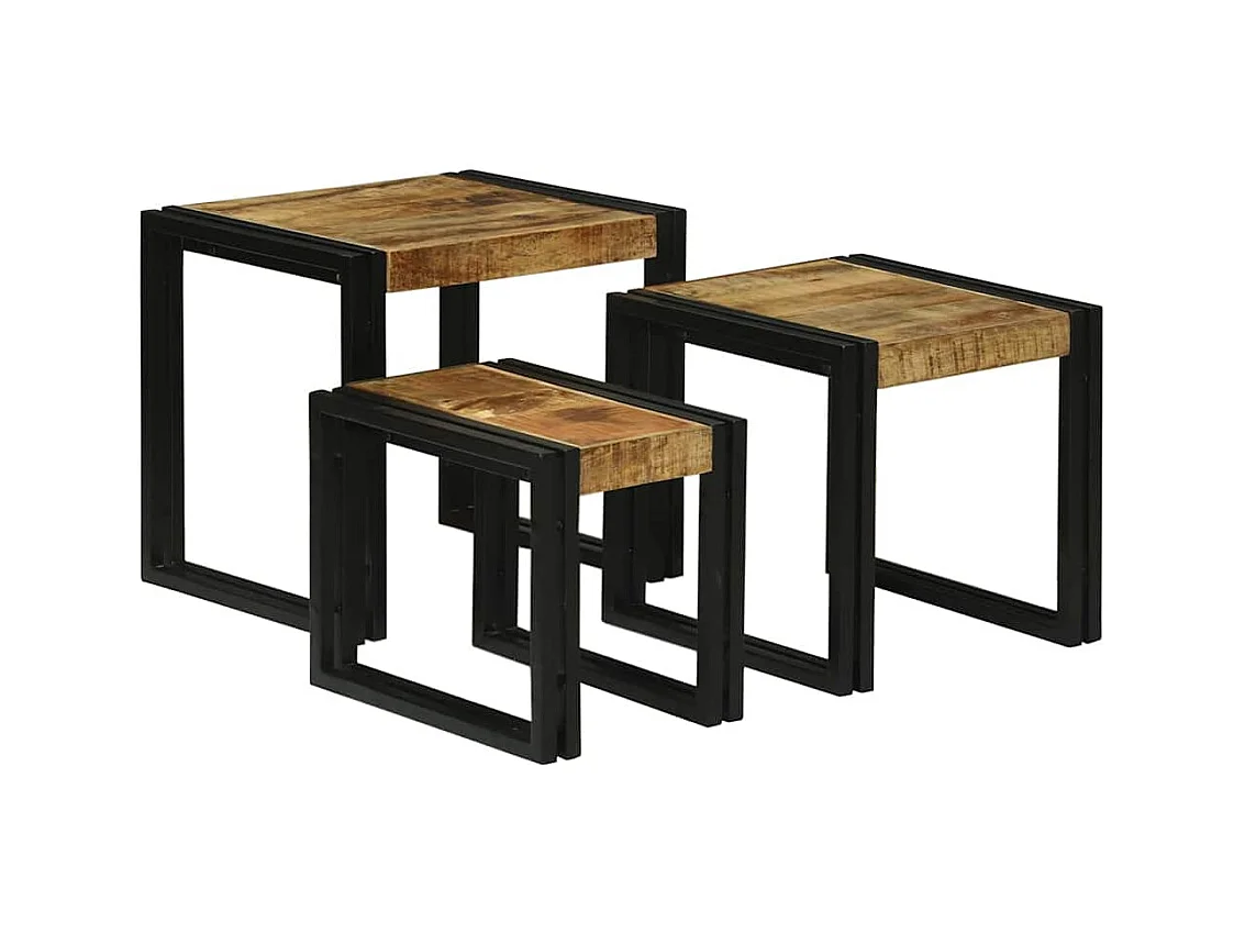 Table Gigogne 3 pièces Marron et noir Bois de manguier brut massif