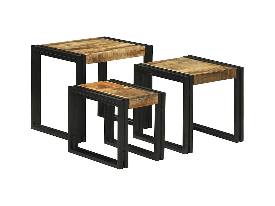 Table Gigogne 3 pièces Marron et noir Bois de manguier brut massif