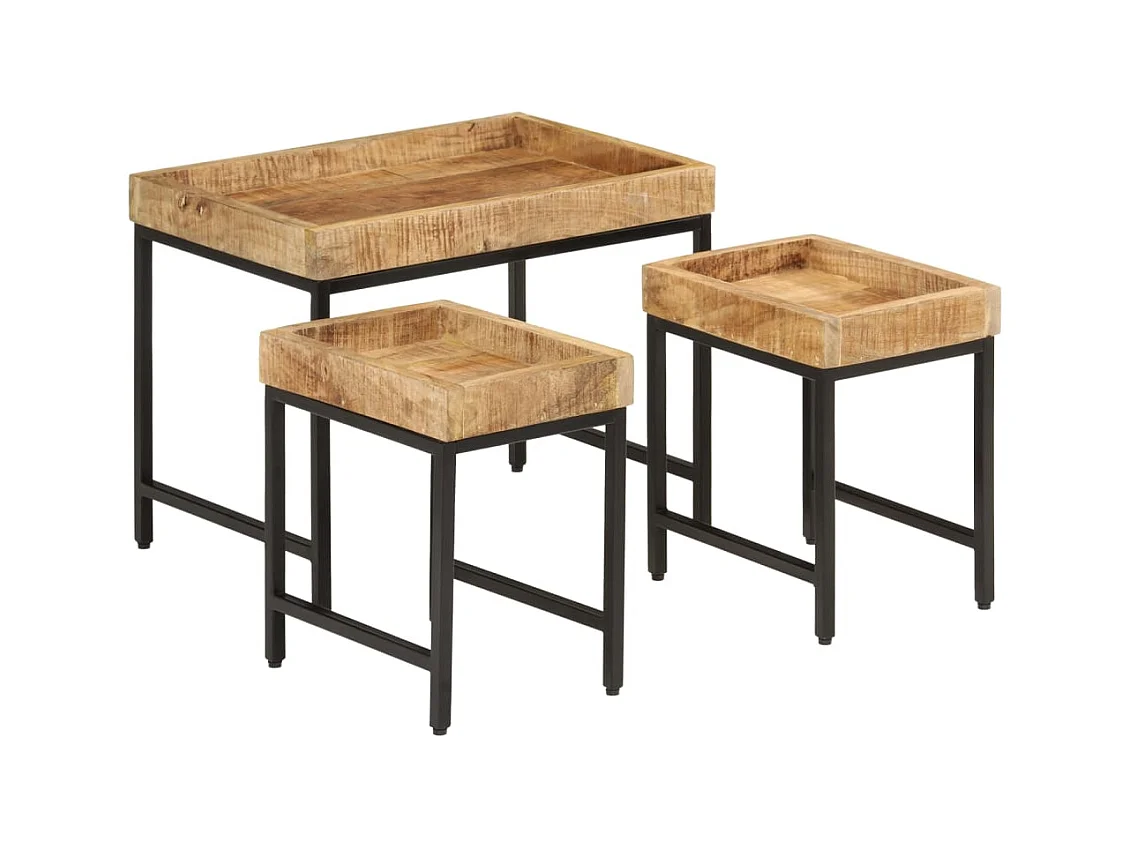 Tables basses gigognes 3 pièces bois de manguier massif brut et fer
