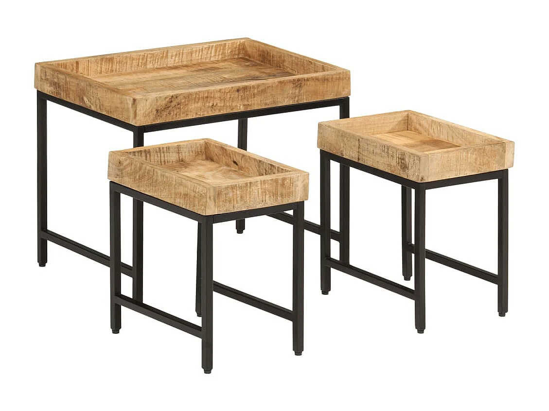 Tables basses gigognes 3 pièces bois de manguier massif brut et fer