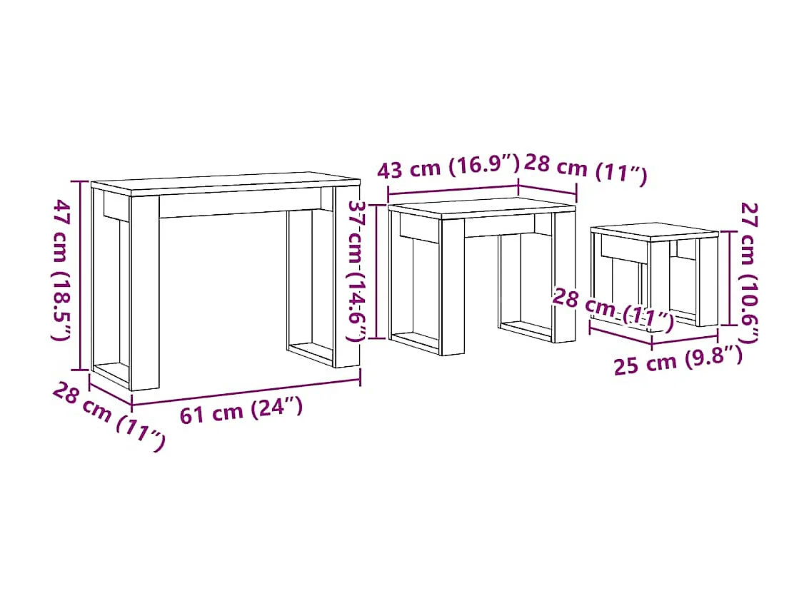 Mesas apilables 3 uds madera de ingeniería roble artisan