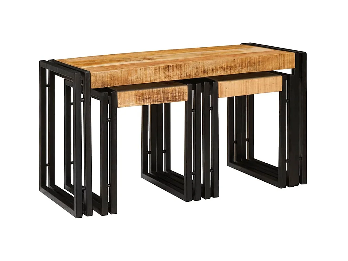 Table Gigogne 3 pièces Bois de mangue solide rugueux et un métal