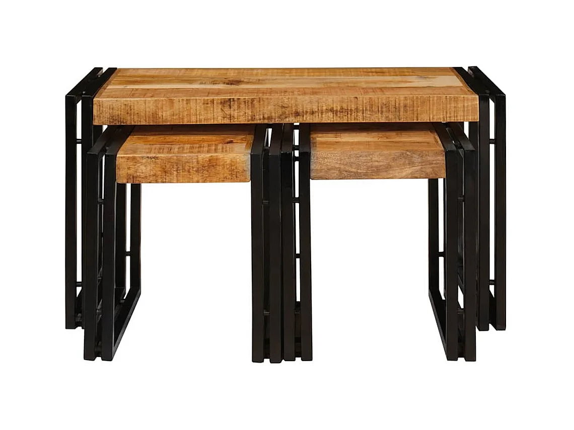 Table Gigogne 3 pièces Bois de mangue solide rugueux et un métal