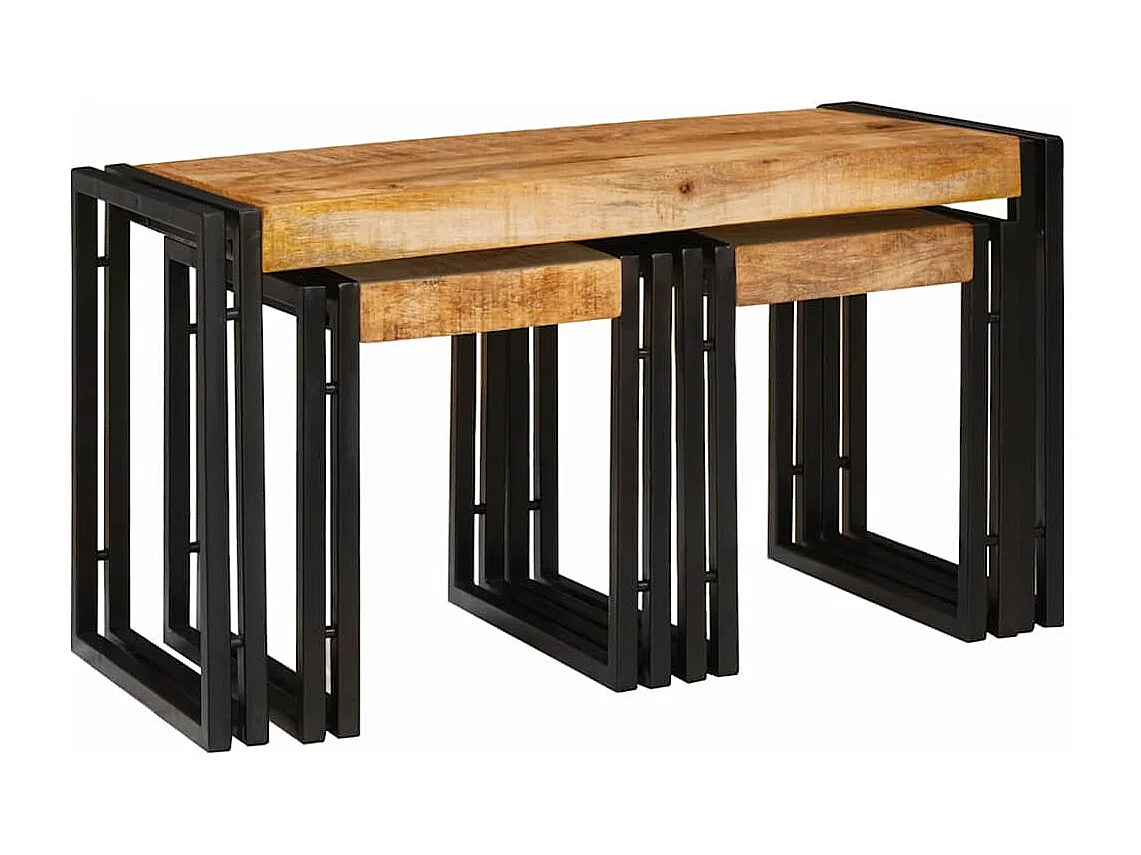 Table Gigogne 3 pièces Bois de mangue solide rugueux et un métal