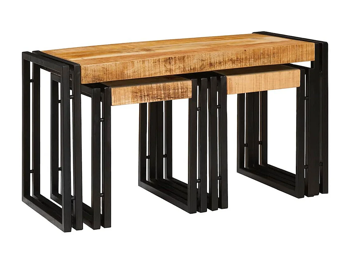 Table Gigogne 3 pièces Bois de mangue solide rugueux et un métal