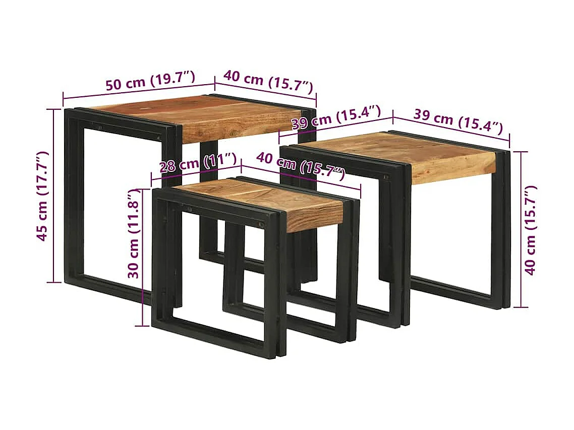 Table Gigogne 3 pièces Bois d'acacia solide et un métal