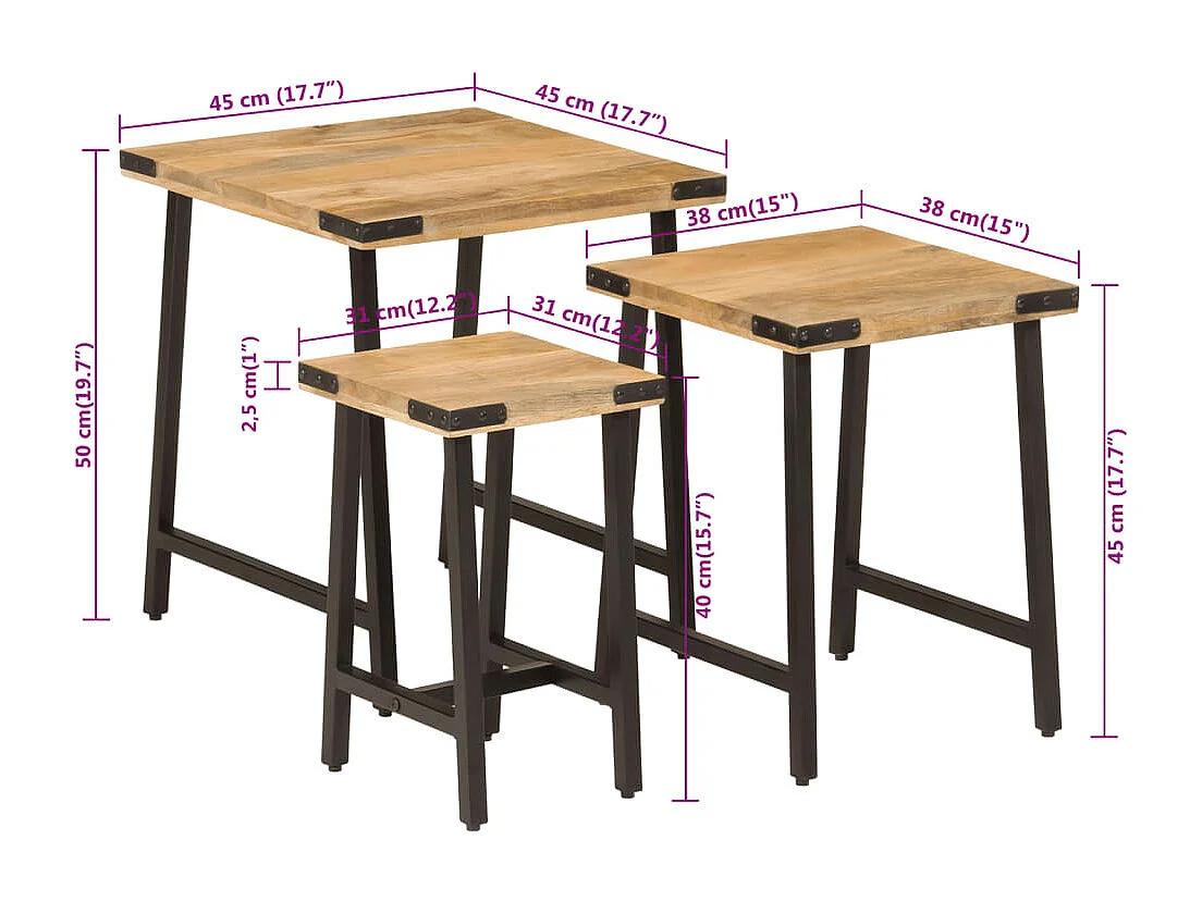 Tables basses gigognes 3 pièces bois massif de manguier et fer
