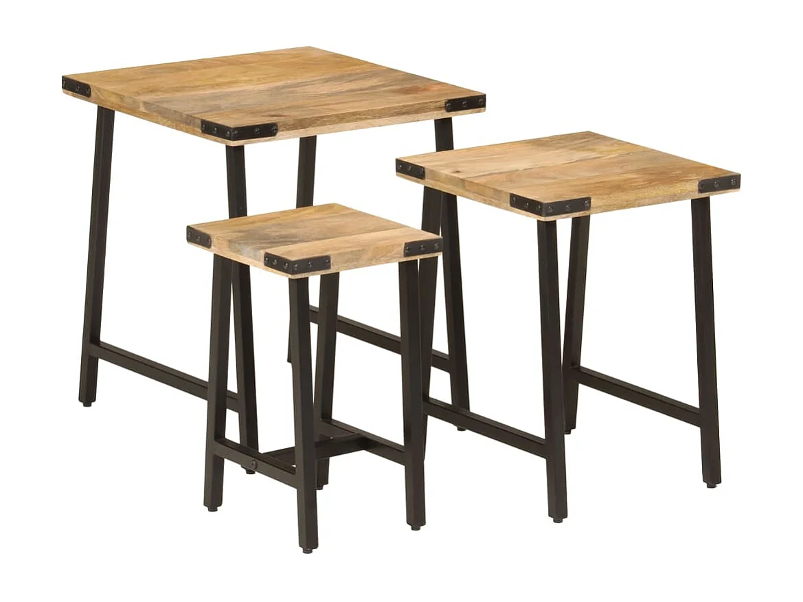 Tables basses gigognes 3 pièces bois massif de manguier et fer