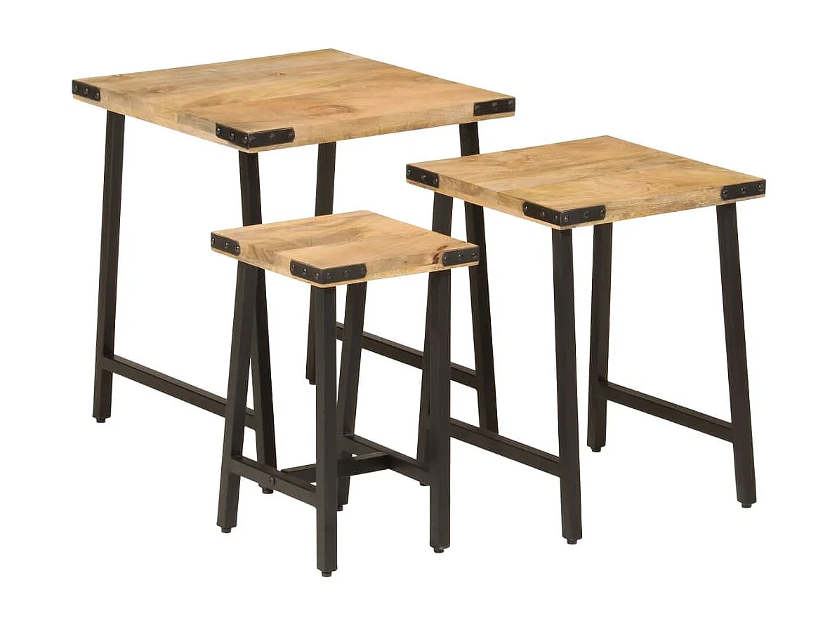 Tables basses gigognes 3 pièces bois massif de manguier et fer