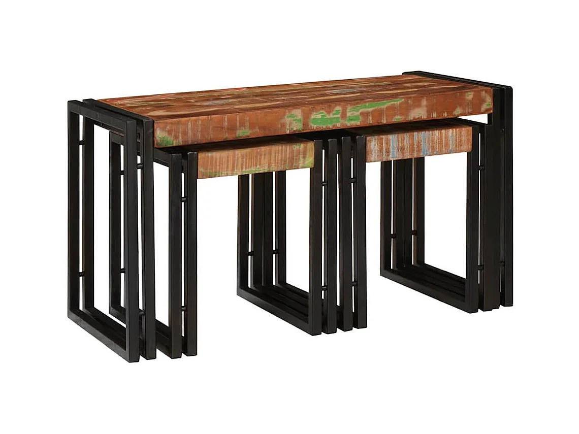 Table Gigogne 3 pièces Marron et noir bois de récupération massif