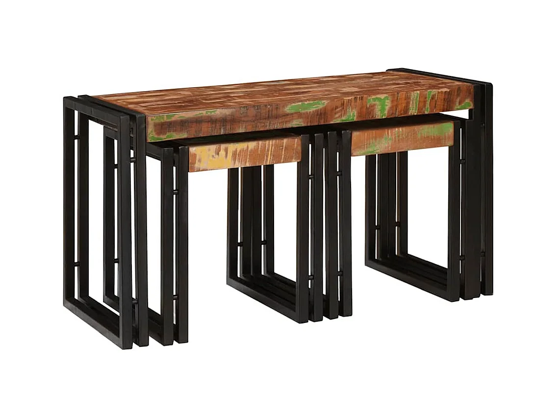 Table Gigogne 3 pièces Marron et noir bois de récupération massif