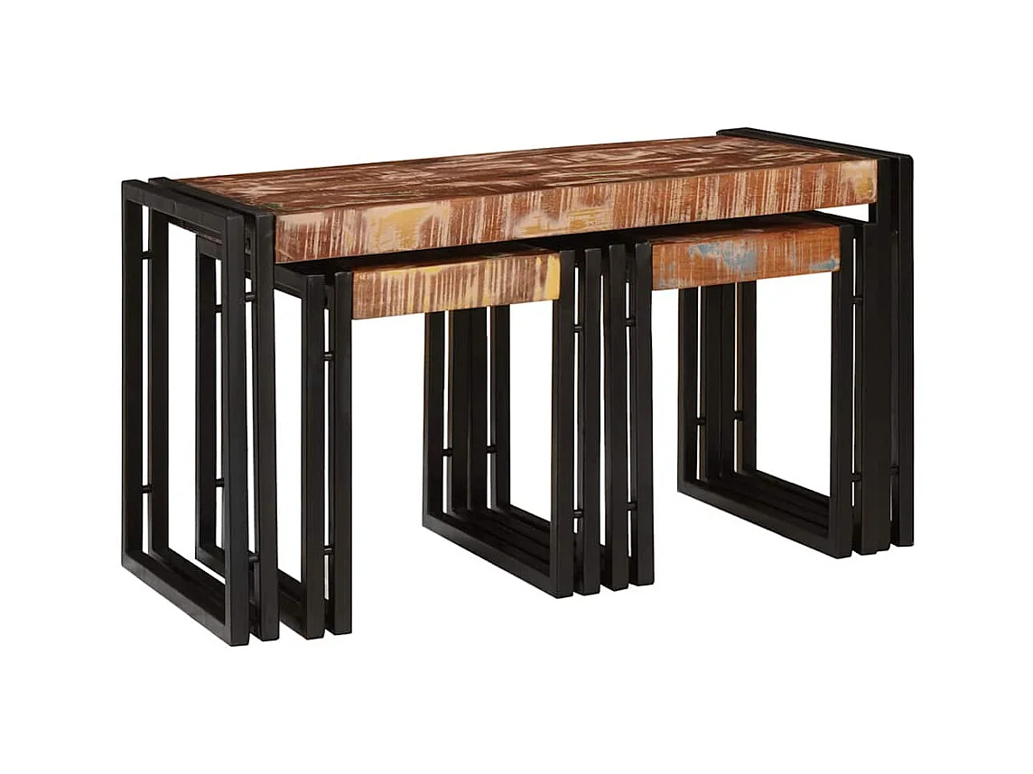 Table Gigogne 3 pièces Marron et noir bois de récupération massif