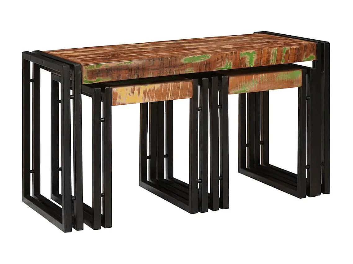 Table Gigogne 3 pièces Marron et noir bois de récupération massif