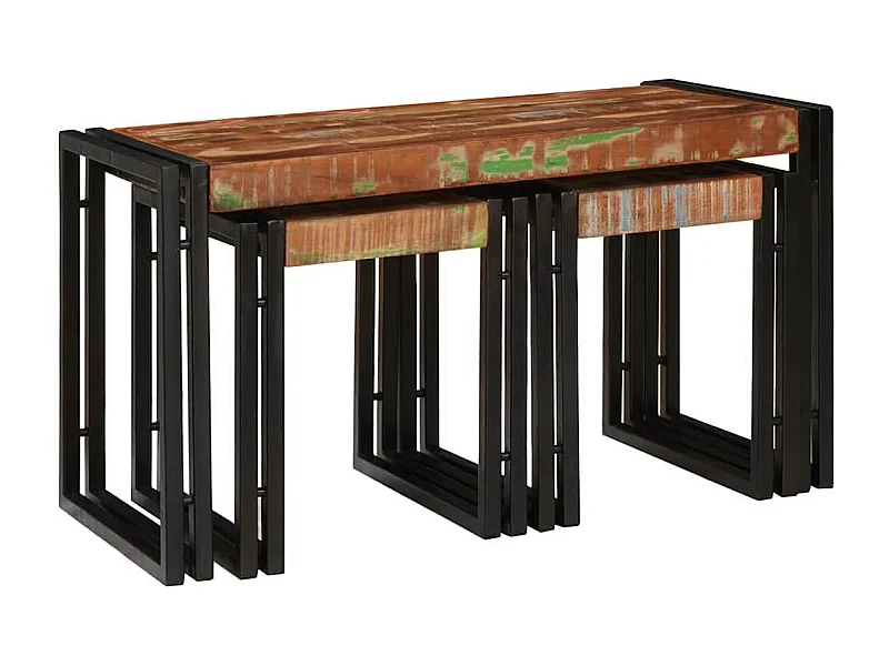 Table Gigogne 3 pièces Marron et noir bois de récupération massif