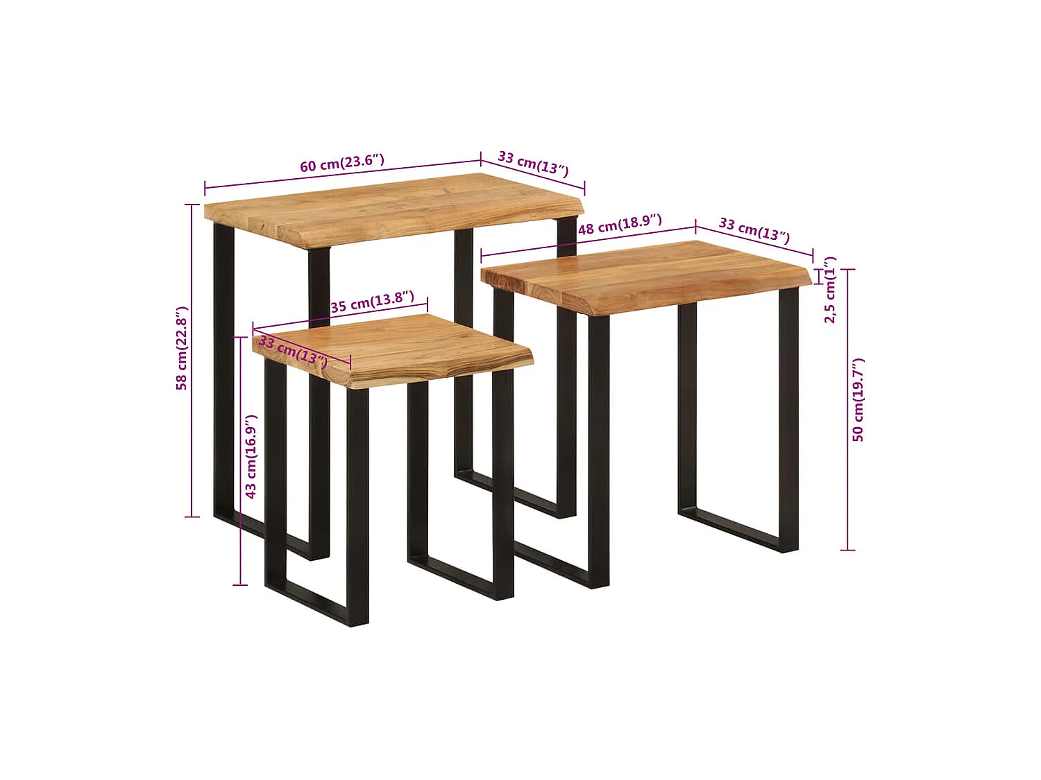Tables gigognes 3 pièces avec bord vivant bois massif d'acacia