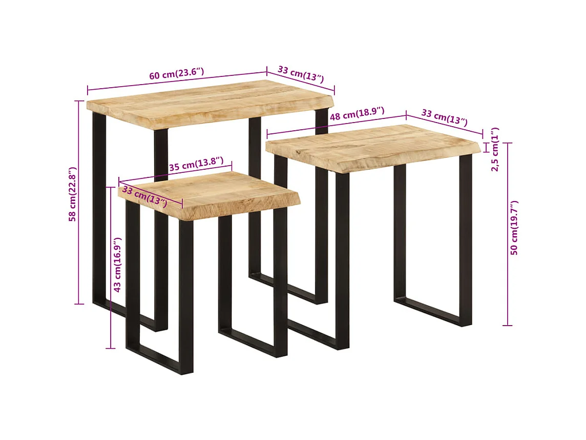 Tables gigognes 3 pièces avec bord vivant bois de manguier massif