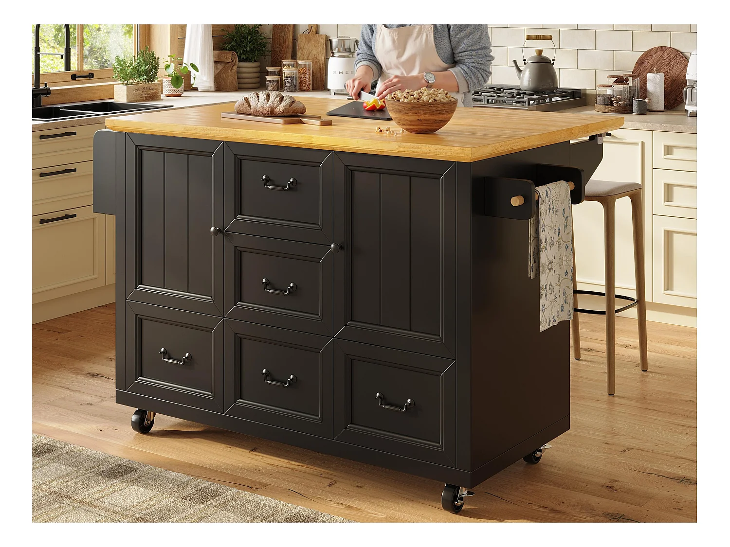 Ilot central de cuisine mobile - Plateau extensible - 140x73x93cm - 3 tiroirs et 2 portes - étagères ouvertes - avec porte-serviettes - MDF - Noir