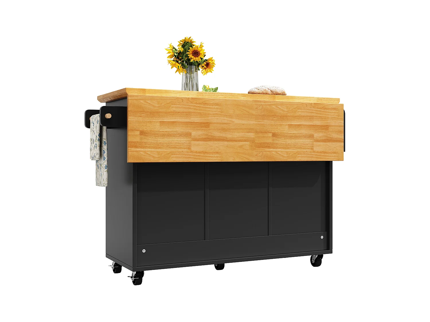 Ilot central de cuisine mobile - Plateau extensible - 140x73x93cm - 3 tiroirs et 2 portes - étagères ouvertes - avec porte-serviettes - MDF - Noir