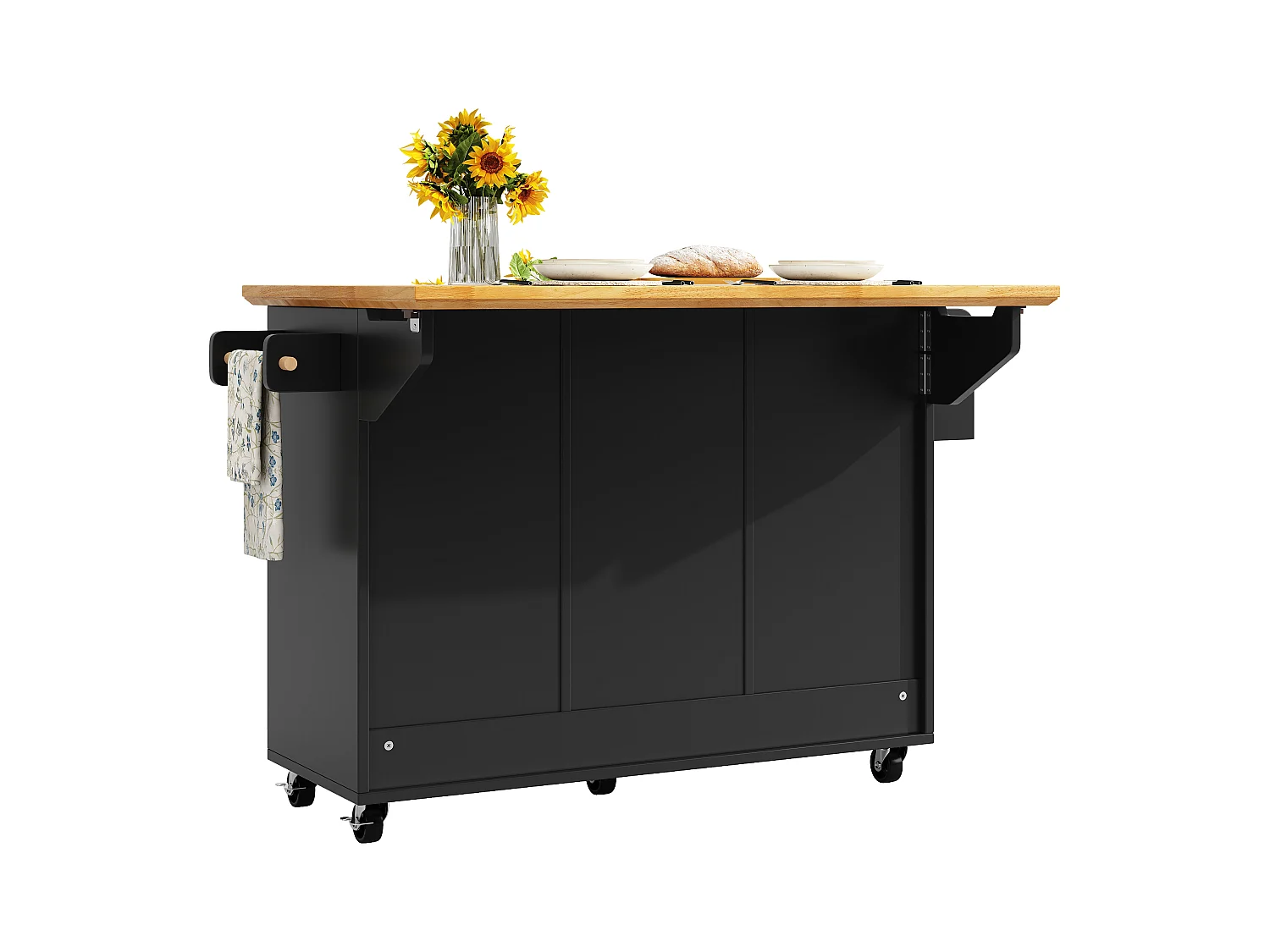 Ilot central de cuisine mobile - Plateau extensible - 140x73x93cm - 3 tiroirs et 2 portes - étagères ouvertes - avec porte-serviettes - MDF - Noir