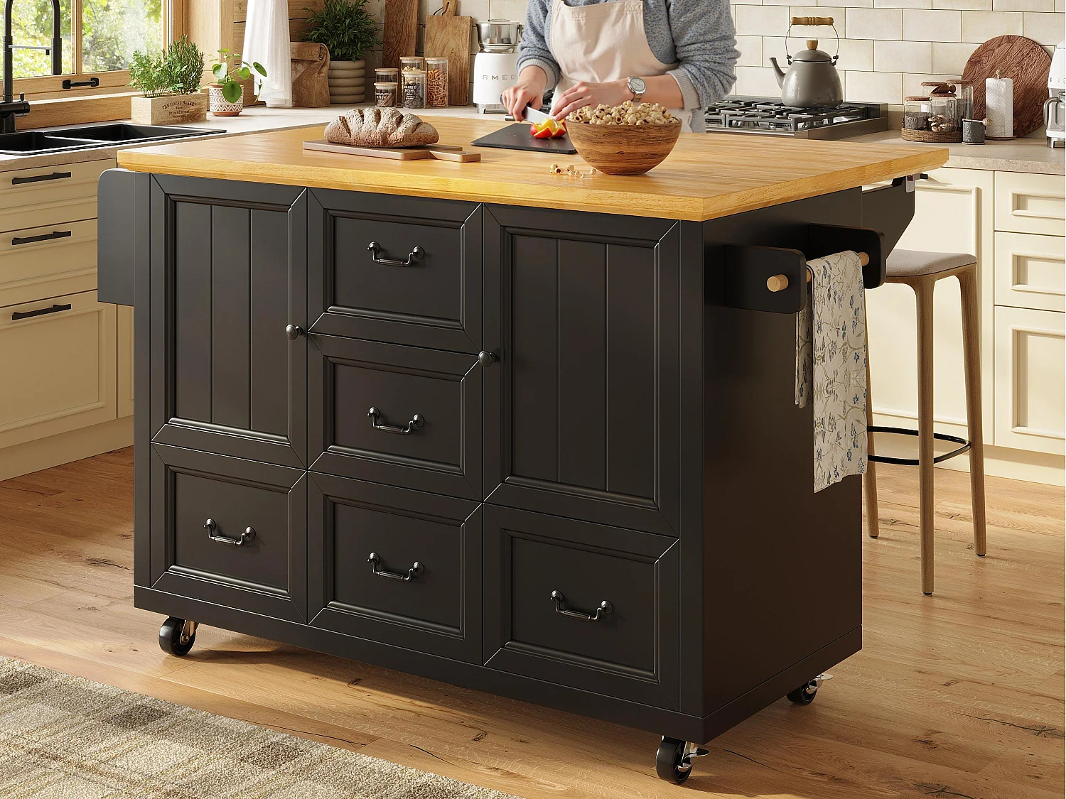 Isla de cocina central móvil - Tablero extensible - 140x73x93 cm - 3 cajones y 2 puertas - estantes abiertos - con toallero - MDF - Negro