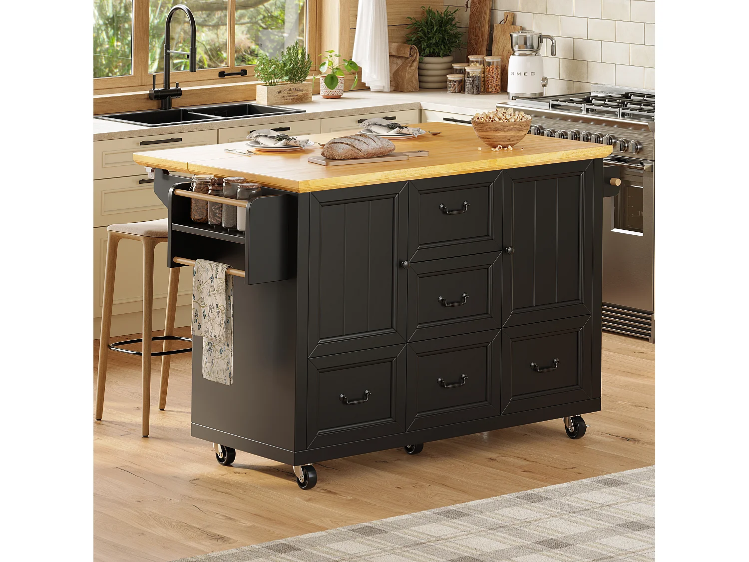 Isla de cocina central móvil - Tablero extensible - 140x73x93 cm - 3 cajones y 2 puertas - estantes abiertos - con toallero - MDF - Negro