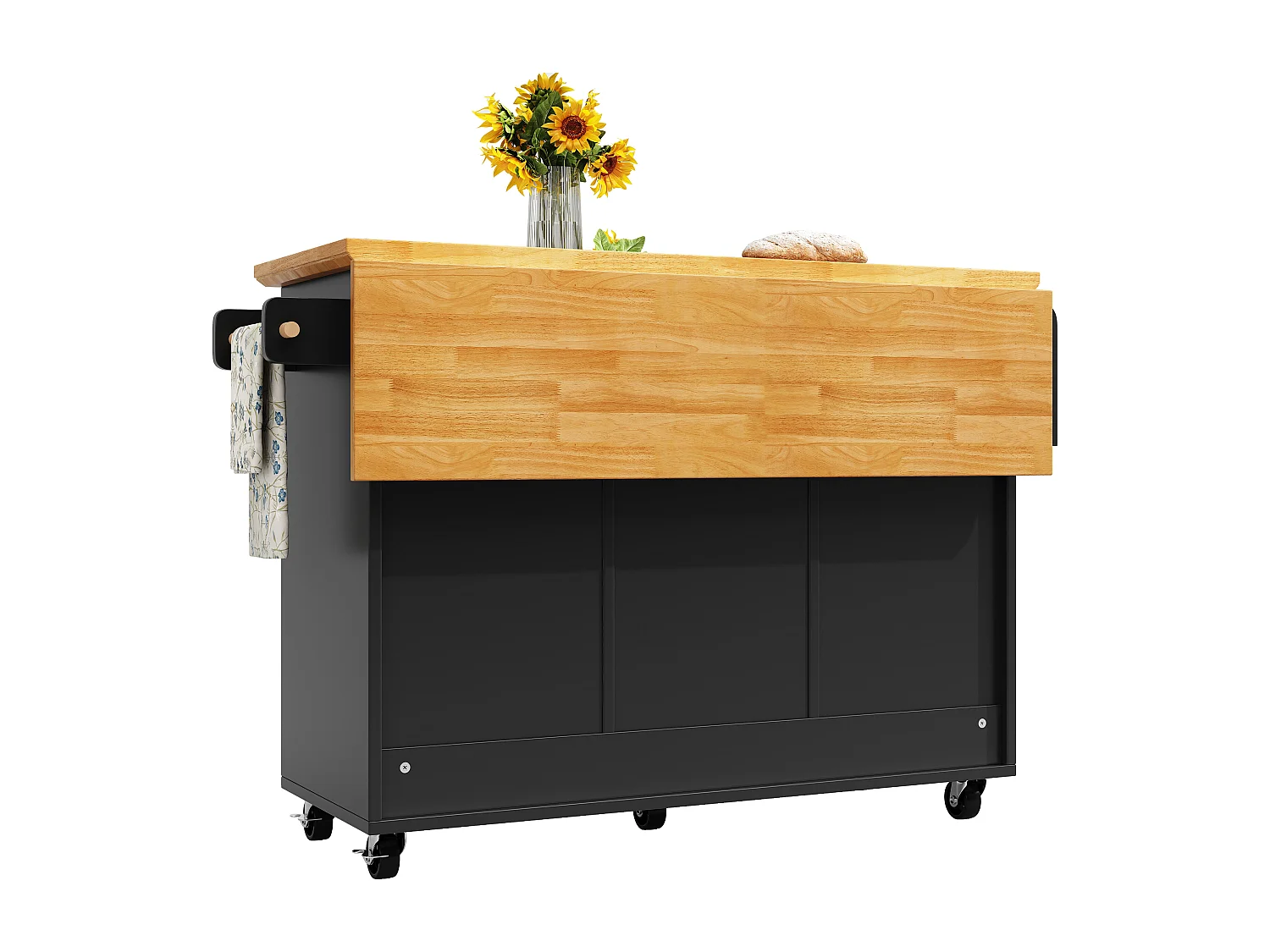 Isla de cocina central móvil - Tablero extensible - 140x73x93 cm - 3 cajones y 2 puertas - estantes abiertos - con toallero - MDF - Negro