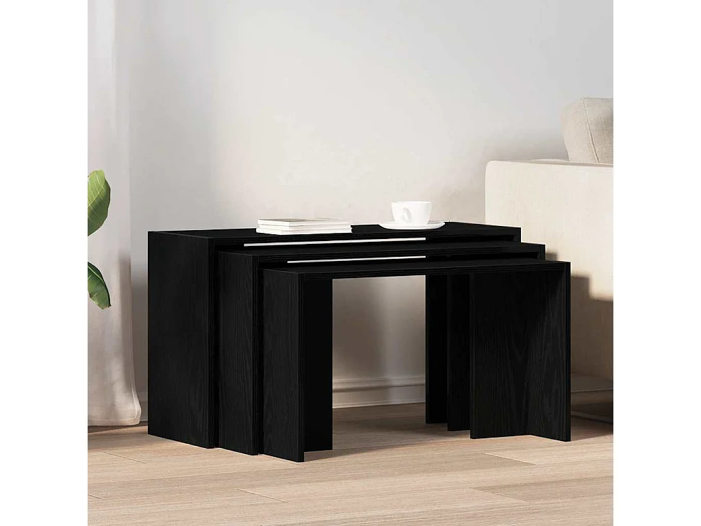 Mesas apilables 3 piezas madera contrachapada negro
