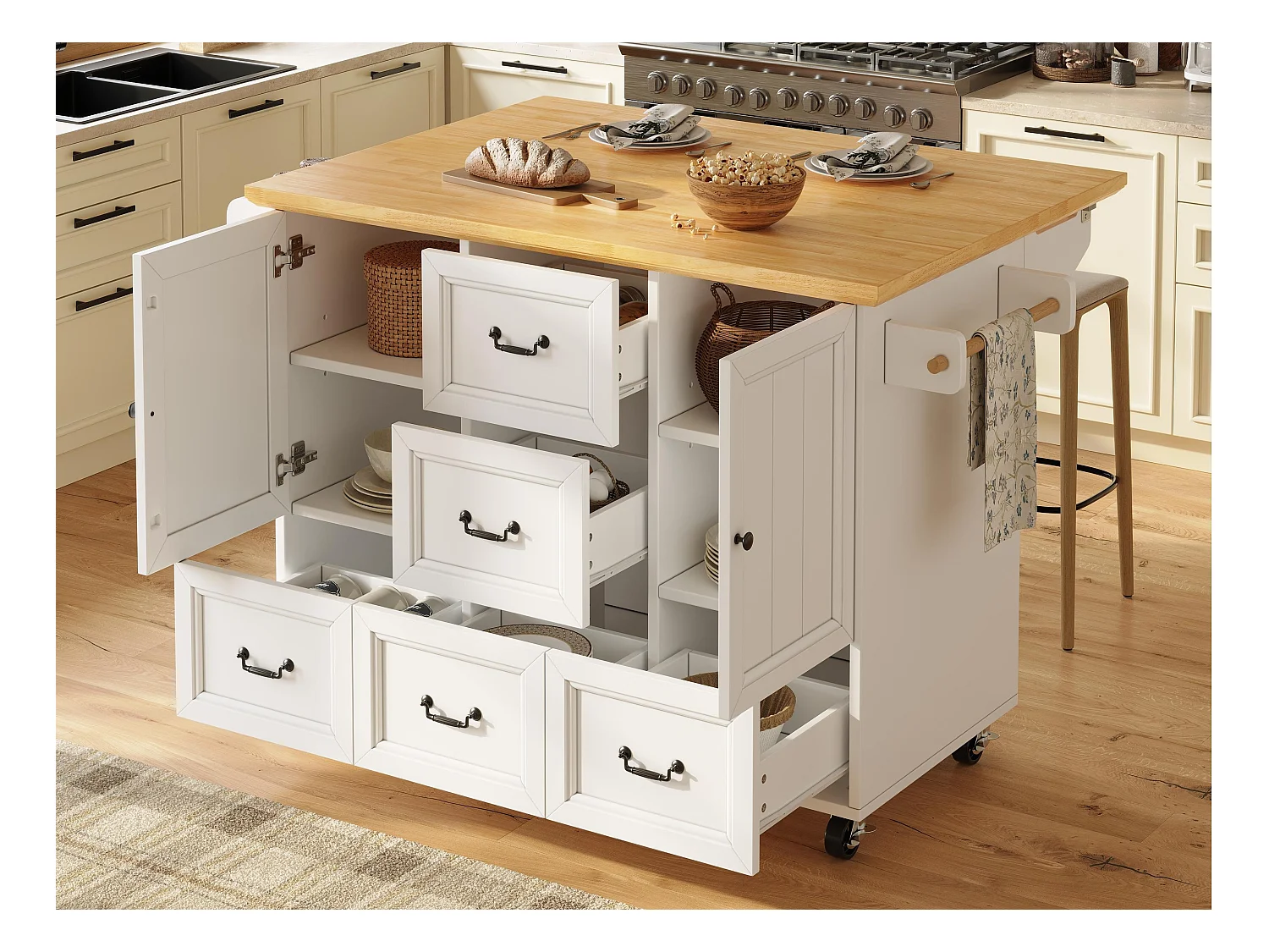 Ilot central de cuisine mobile - Plateau extensible - 140x73x93cm - 3 tiroirs et 2 portes - étagères ouvertes - avec porte-serviettes - MDF - Blanc