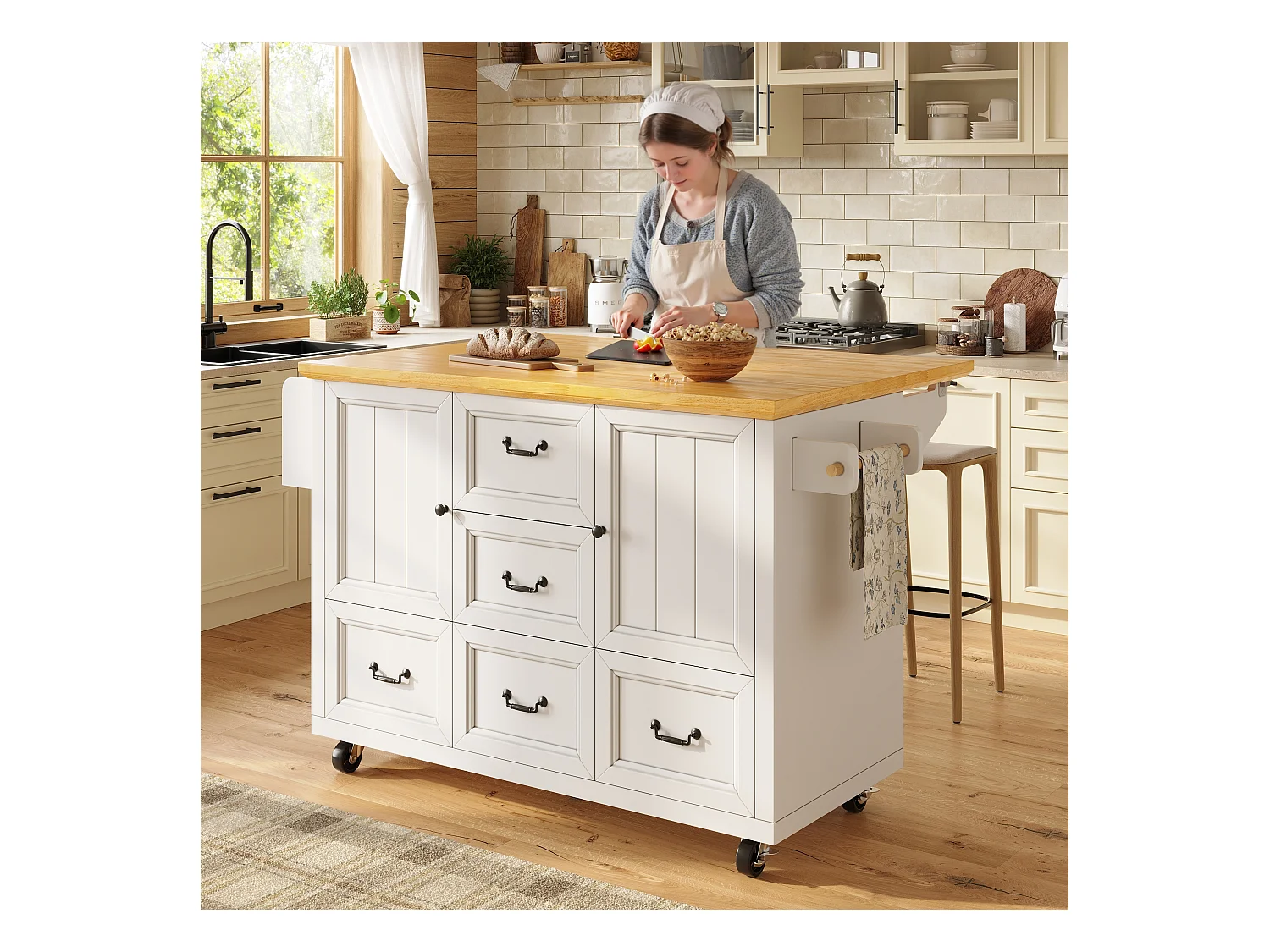 Ilot central de cuisine mobile - Plateau extensible - 140x73x93cm - 3 tiroirs et 2 portes - étagères ouvertes - avec porte-serviettes - MDF - Blanc