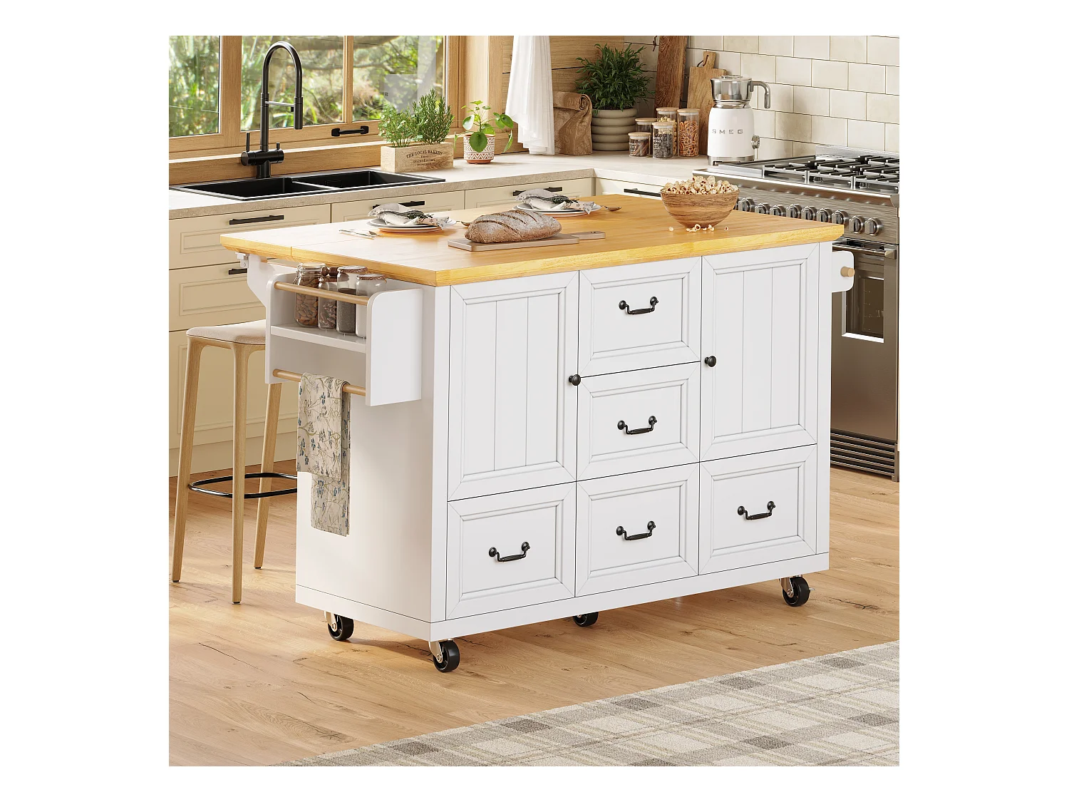 Ilot central de cuisine mobile - Plateau extensible - 140x73x93cm - 3 tiroirs et 2 portes - étagères ouvertes - avec porte-serviettes - MDF - Blanc