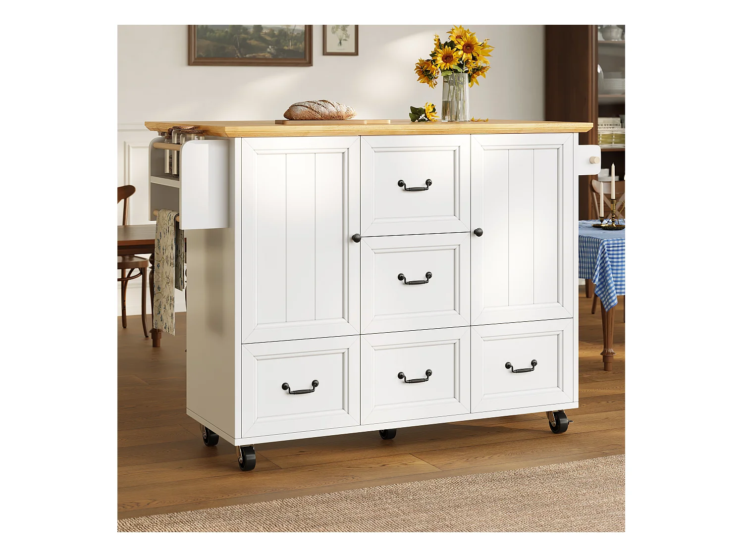 Ilot central de cuisine mobile - Plateau extensible - 140x73x93cm - 3 tiroirs et 2 portes - étagères ouvertes - avec porte-serviettes - MDF - Blanc