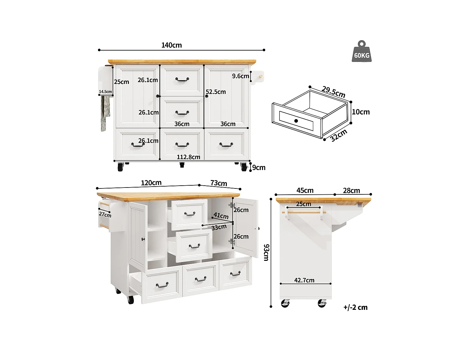 Ilot central de cuisine mobile - Plateau extensible - 140x73x93cm - 3 tiroirs et 2 portes - étagères ouvertes - avec porte-serviettes - MDF - Blanc