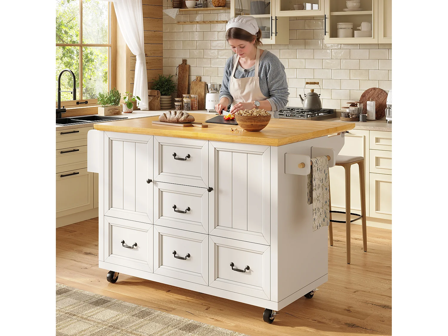 Isla de cocina central móvil - Tablero extensible - 140x73x93 cm - 3 cajones y 2 puertas - estantes abiertos - con toallero - MDF - Blanco