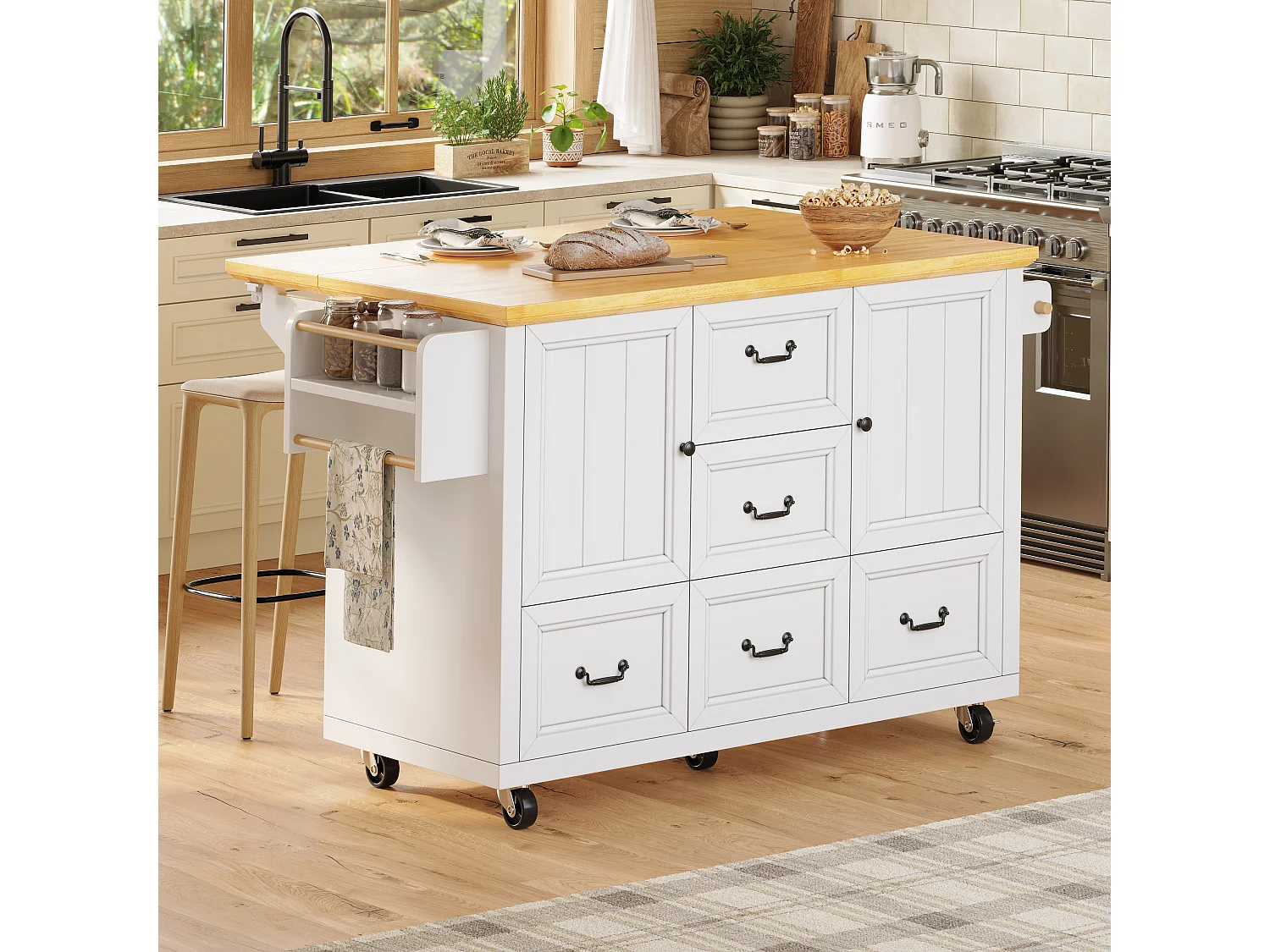 Isla de cocina central móvil - Tablero extensible - 140x73x93 cm - 3 cajones y 2 puertas - estantes abiertos - con toallero - MDF - Blanco