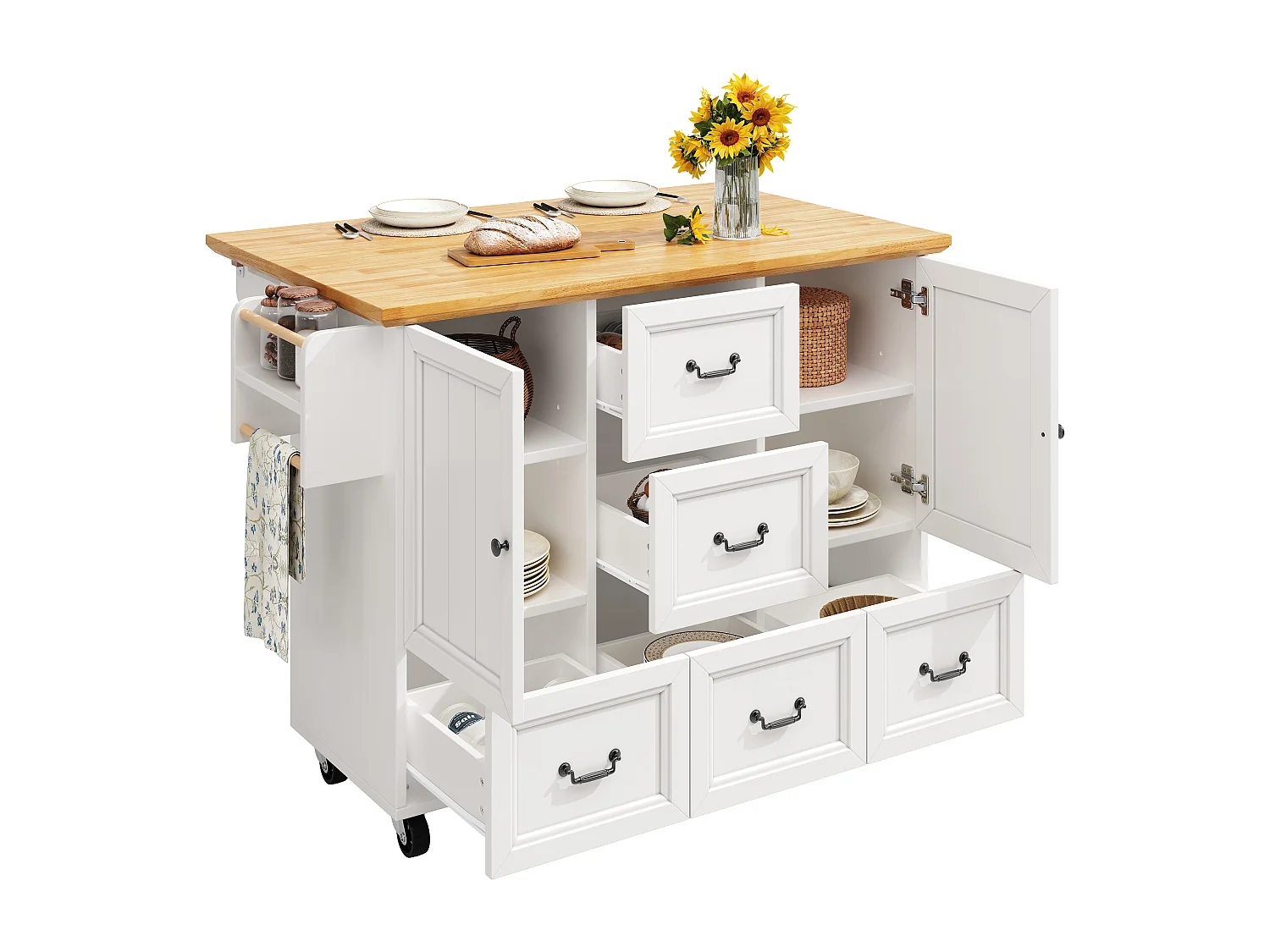 Isla de cocina central móvil - Tablero extensible - 140x73x93 cm - 3 cajones y 2 puertas - estantes abiertos - con toallero - MDF - Blanco