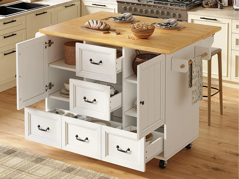 Isla de cocina central móvil - Tablero extensible - 140x73x93 cm - 3 cajones y 2 puertas - estantes abiertos - con toallero - MDF - Blanco