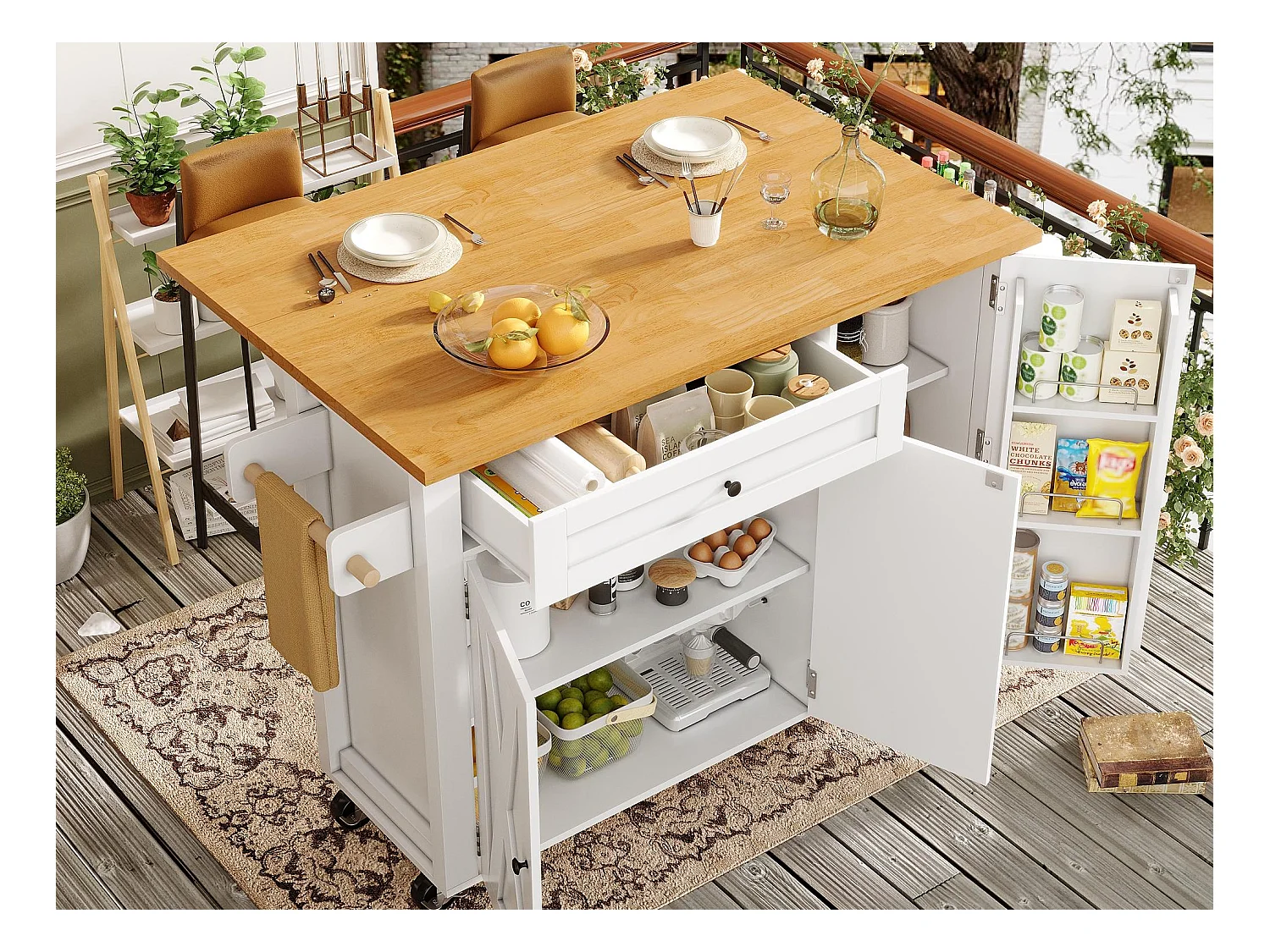 Ilot central de cuisine mobile - Plateau extensible - 121x70x90cm - 1 tiroir et 3 portes - avec porte-serviettes - MDF - Blanc