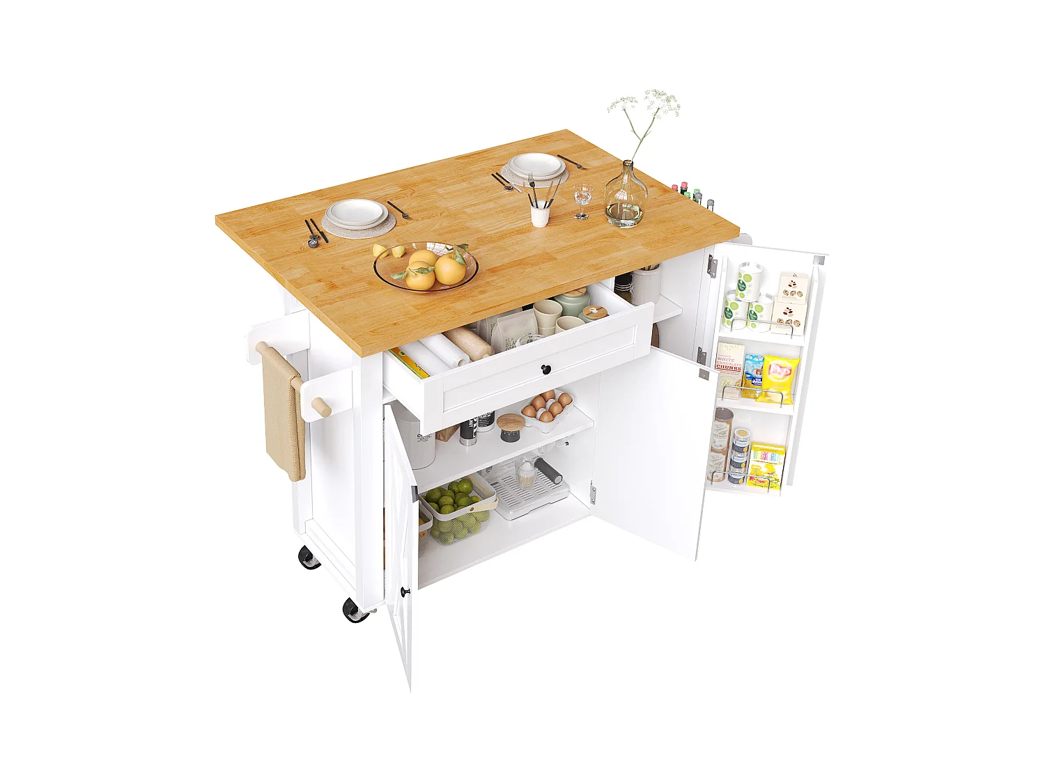 Ilot central de cuisine mobile - Plateau extensible - 121x70x90cm - 1 tiroir et 3 portes - avec porte-serviettes - MDF - Blanc