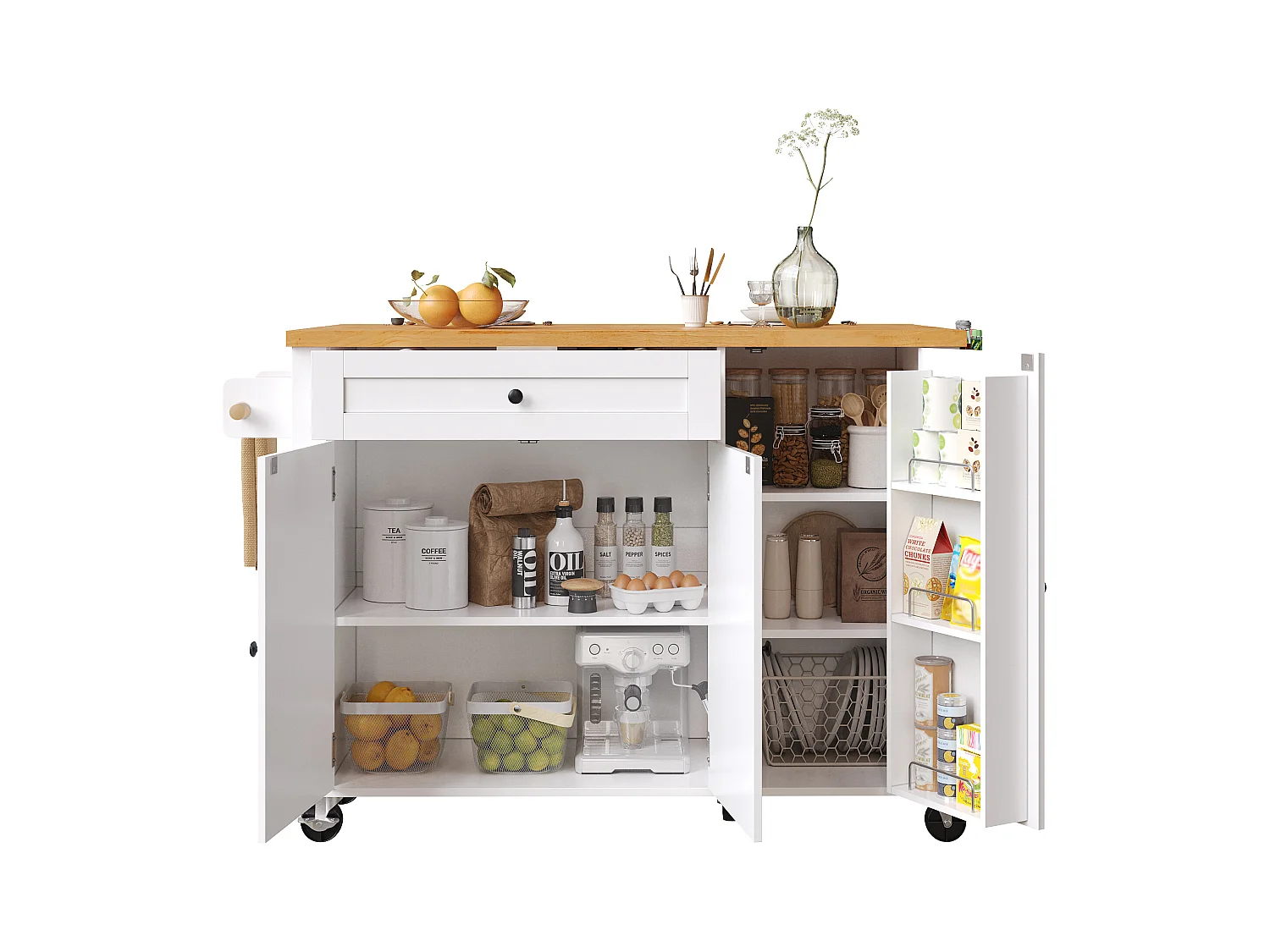 Ilot central de cuisine mobile - Plateau extensible - 121x70x90cm - 1 tiroir et 3 portes - avec porte-serviettes - MDF - Blanc